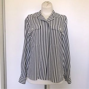VTG Jones New York Petite Striped Collared Long Sleeve Blouse Navy Blue Cream 4P